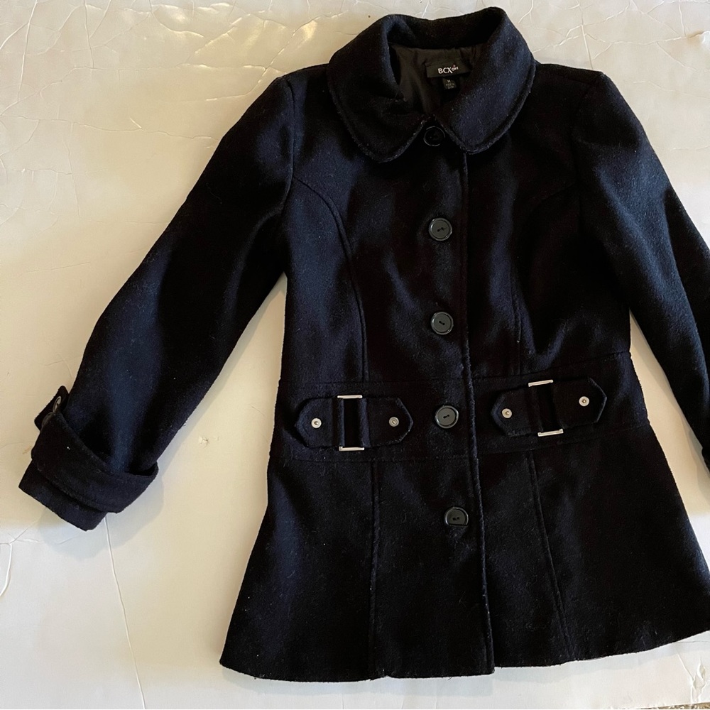 Black Button-front Felt Satin Lined Girls Midi Jacket